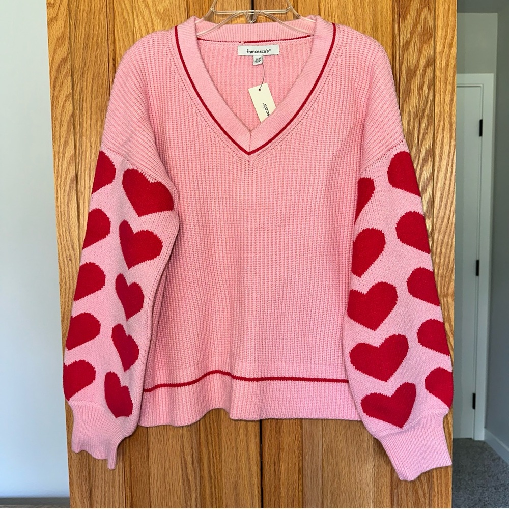 NWT Francesca's Collections Pink and Red Heart V-Neck Sweater XS oversized